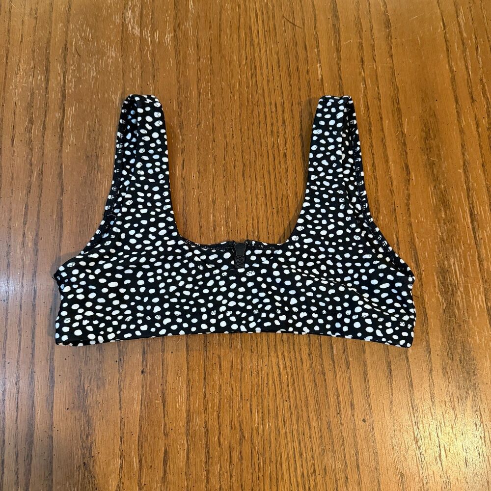 Blackbough Swim Bikini Top Black White Polka Dot Zip Front Size S